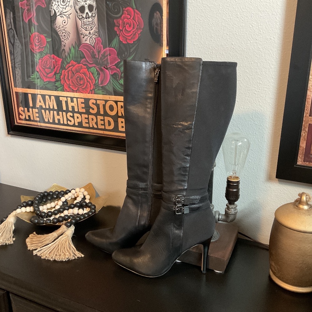 Tall Black Heeled Boots With Double Ankle Strap by WHBM